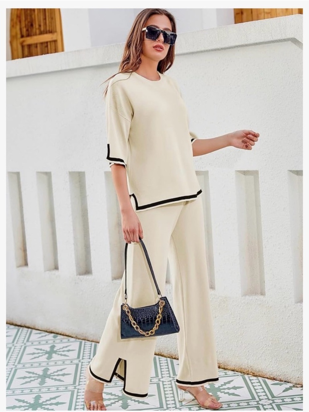 Cream Wide-Leg Two-Piece Set with Black Trim